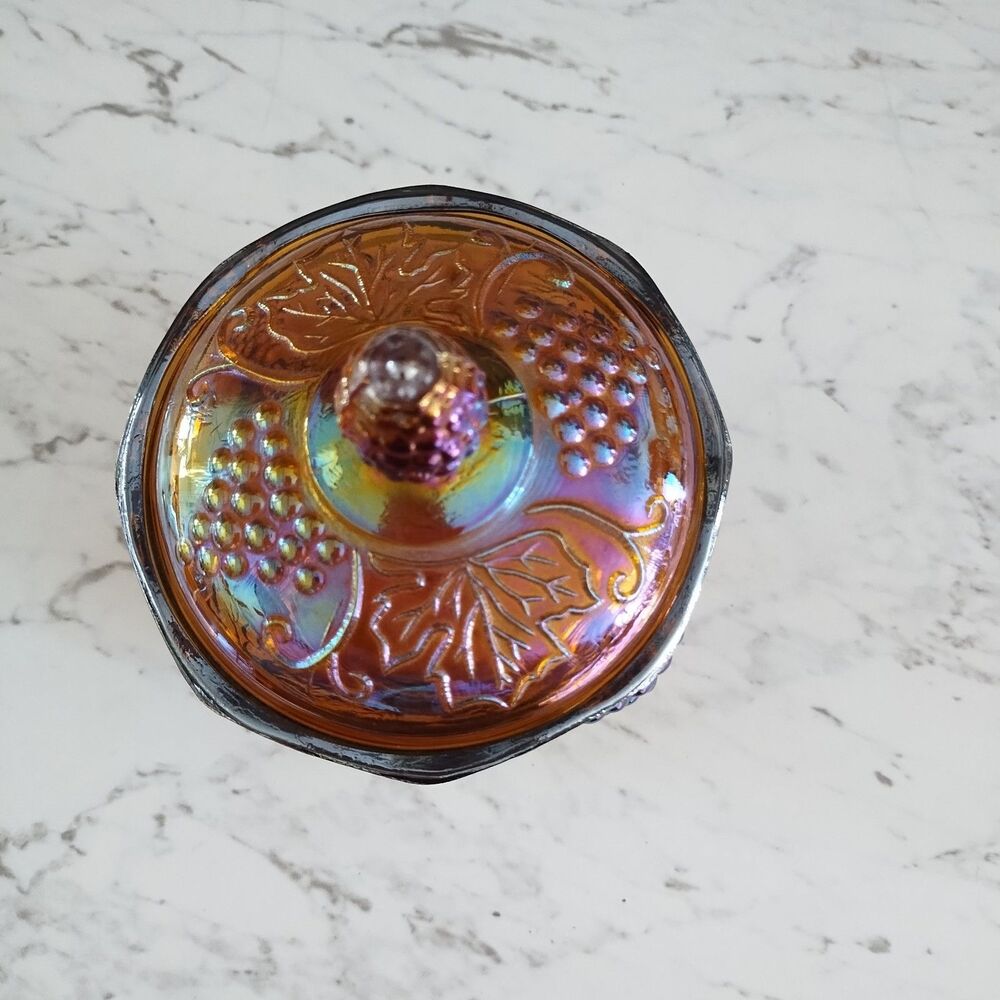 Vintage Indiana Glass Iridescent Marigold Carnival Harvest Grape Biscuit  Jar - Picture 11 of 12